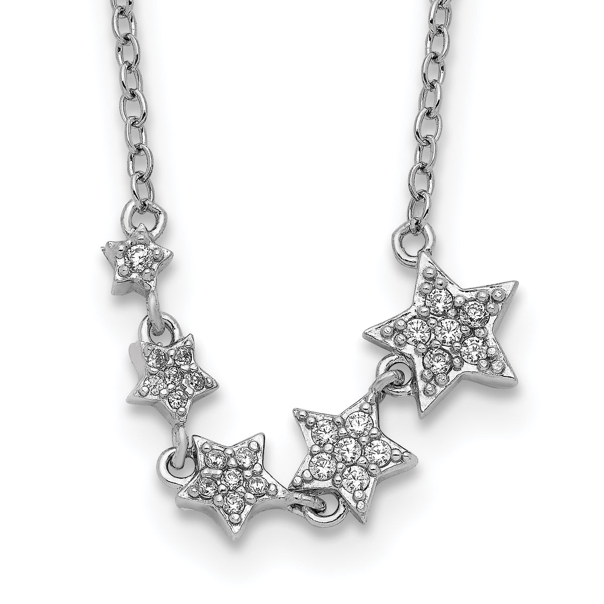 Sterling Silver Rh-Plated Graduating CZ Stars w/ 2in Ext. Necklace