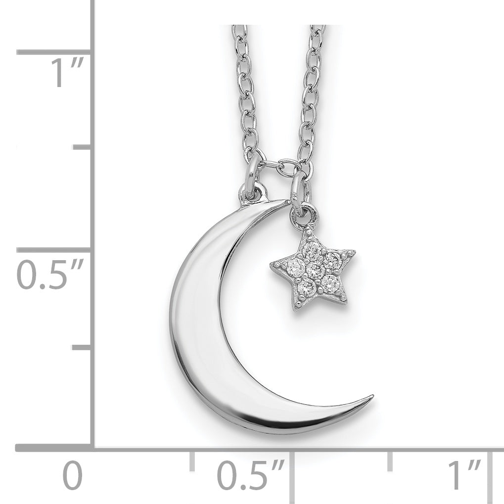 Sterling Silver Rhodium-Plated CZ Star and Moon w/ 2in Ext. Necklace