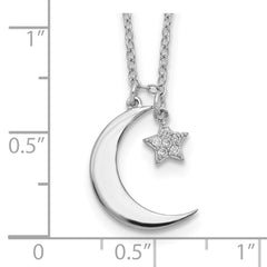 Sterling Silver Rhodium-Plated CZ Star and Moon w/ 2in Ext. Necklace