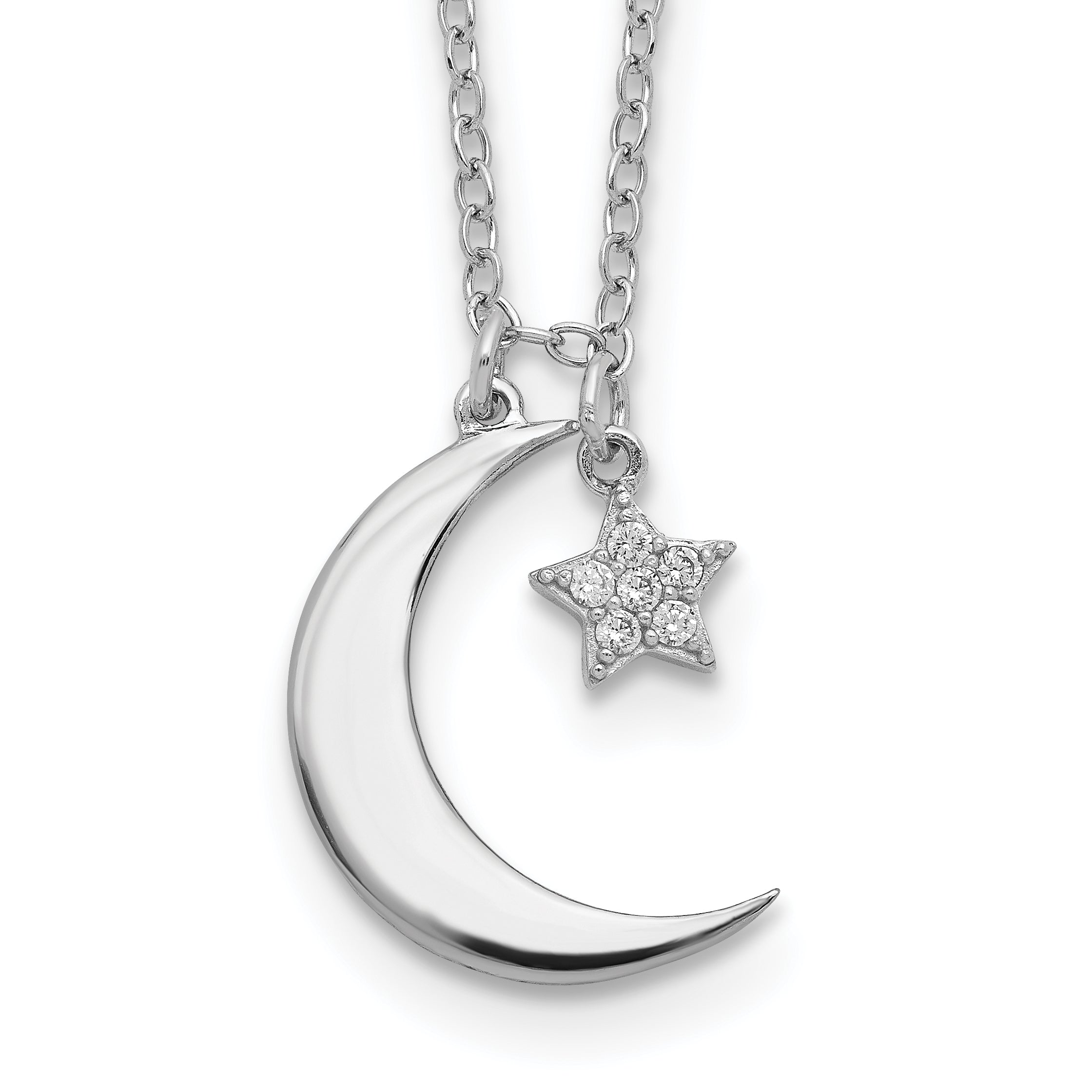 Sterling Silver Rhodium-Plated CZ Star and Moon w/ 2in Ext. Necklace