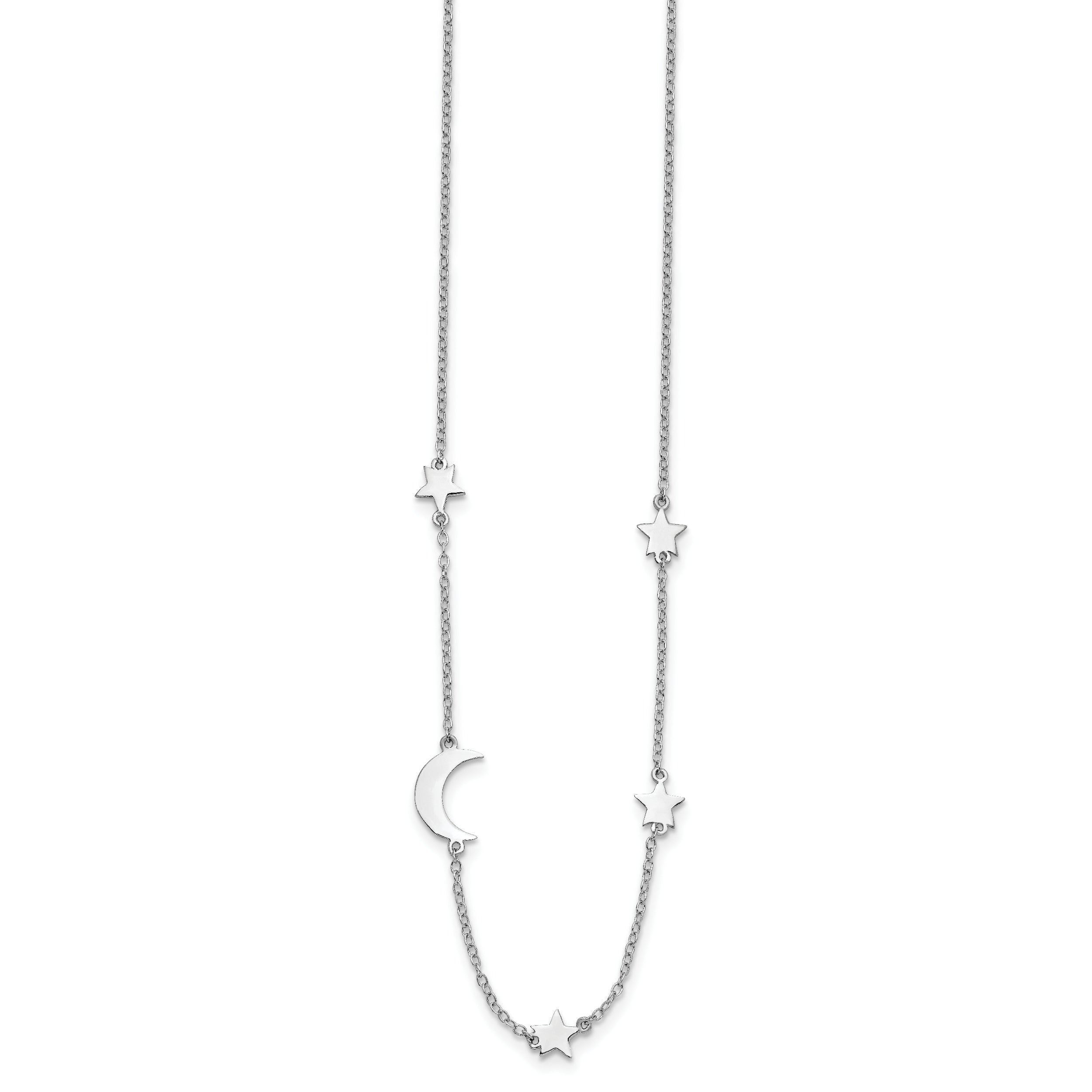 Sterling Silver Rhodium-Plated Stars and Moon w/ 2in Ext. Necklace