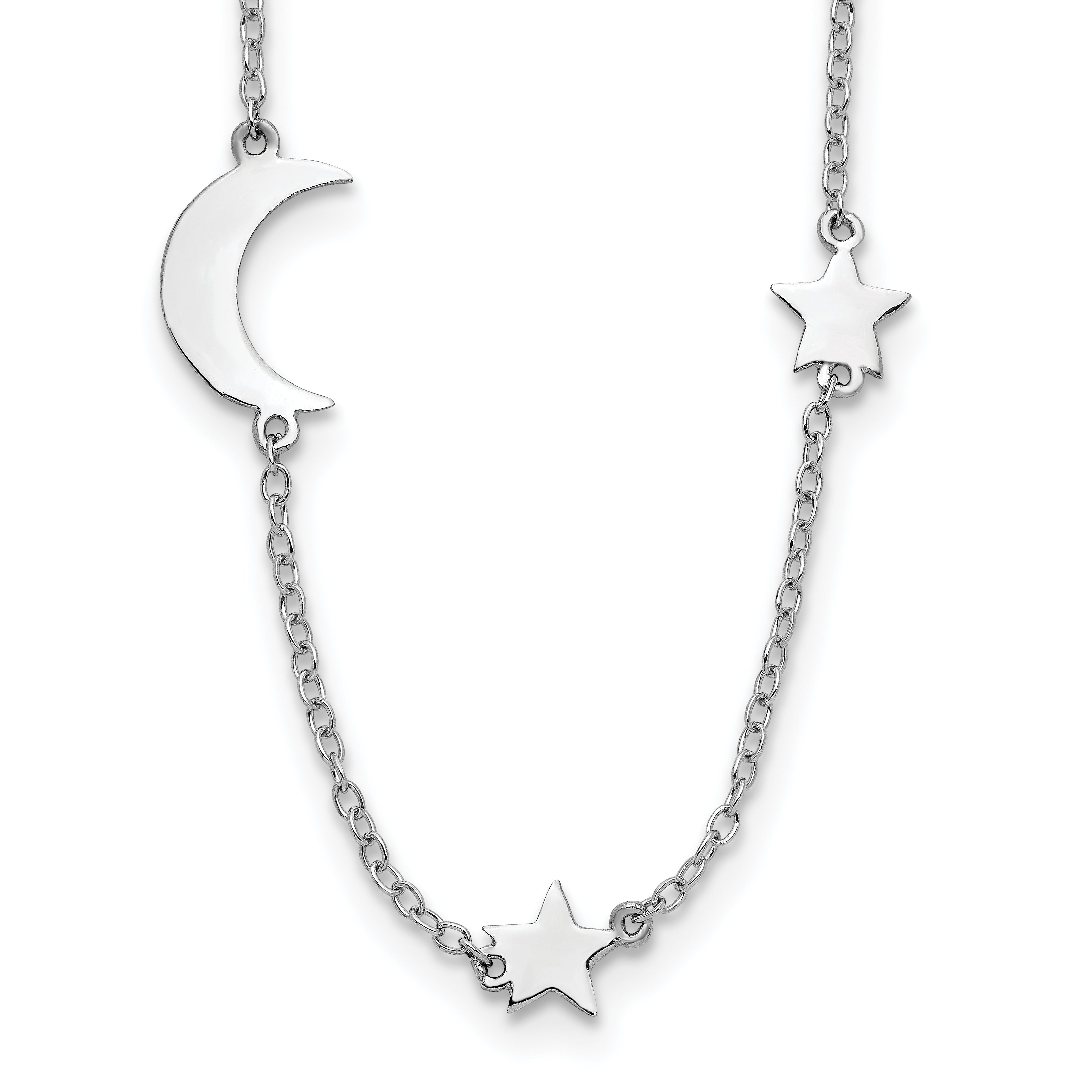 Sterling Silver Rhodium-Plated Stars and Moon w/ 2in Ext. Necklace