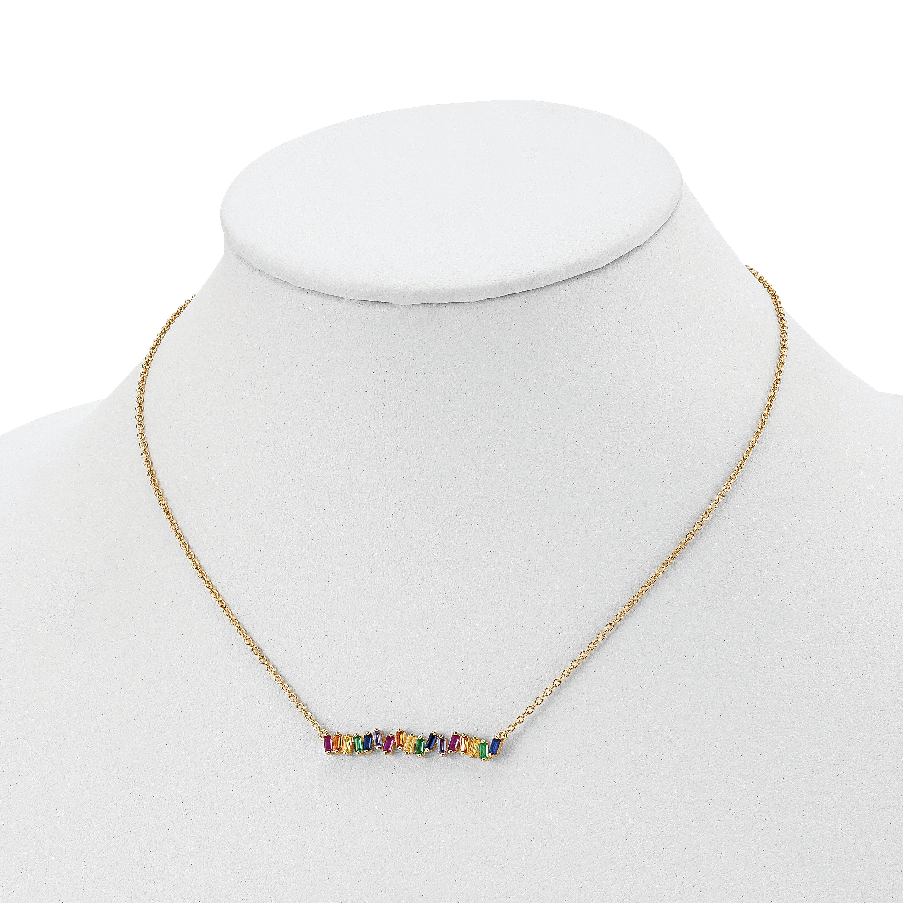 Prizma Sterling Silver Gold-tone 14K Flash Gold-plated 16 inch Colorful CZ Bar Necklace with 2 inch Extender