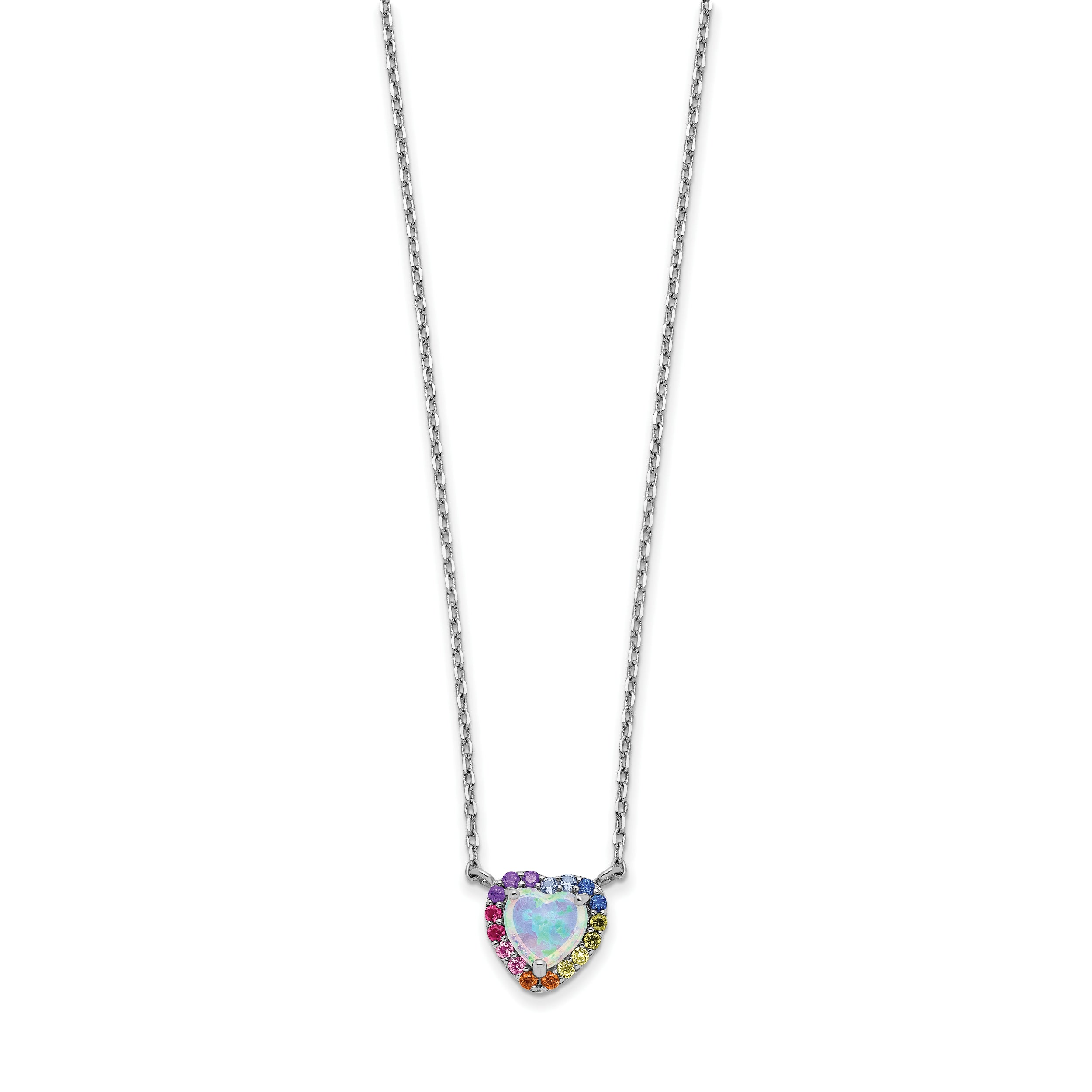 Sterling Silver Rhodium-plated 16 inch Lab Created Opal and Colorful CZ Heart Necklace with 2 inch Extender