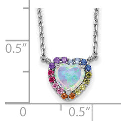 Sterling Silver Rhodium-plated 16 inch Lab Created Opal and Colorful CZ Heart Necklace with 2 inch Extender