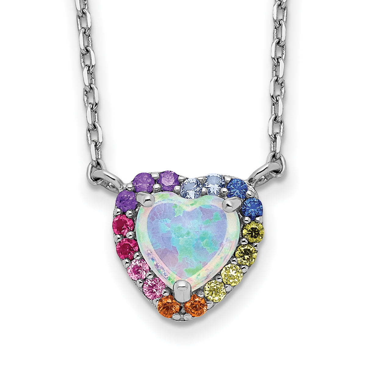 Sterling Silver Rhodium-plated 16 inch Lab Created Opal and Colorful CZ Heart Necklace with 2 inch Extender