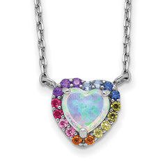 Sterling Silver Rhodium-plated 16 inch Lab Created Opal and Colorful CZ Heart Necklace with 2 inch Extender