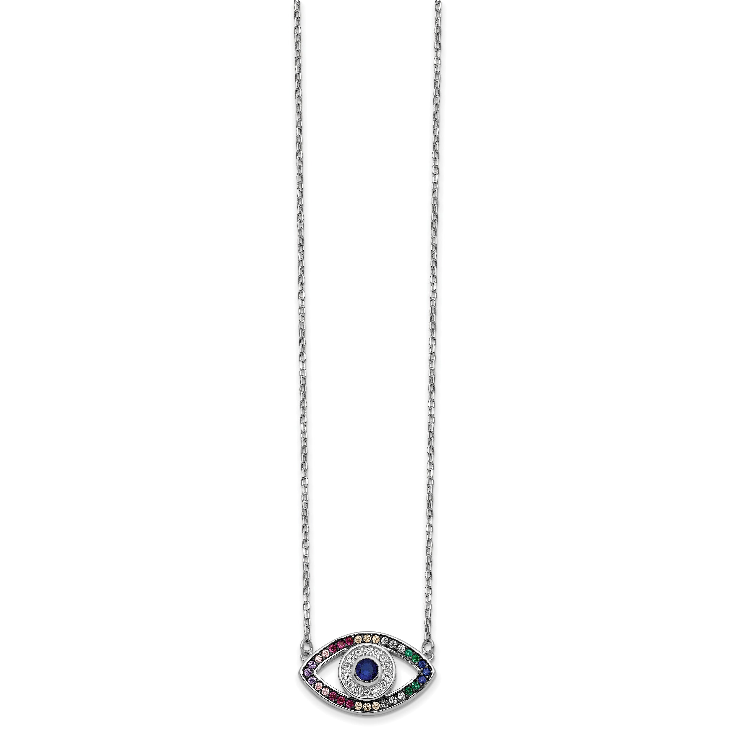 Prizma Sterling Silver Rhodium-plated 16 inch Colorful CZ Evil Eye Necklace with 2 inch Extender