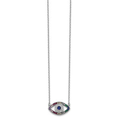 Prizma Sterling Silver Rhodium-plated 16 inch Colorful CZ Evil Eye Necklace with 2 inch Extender