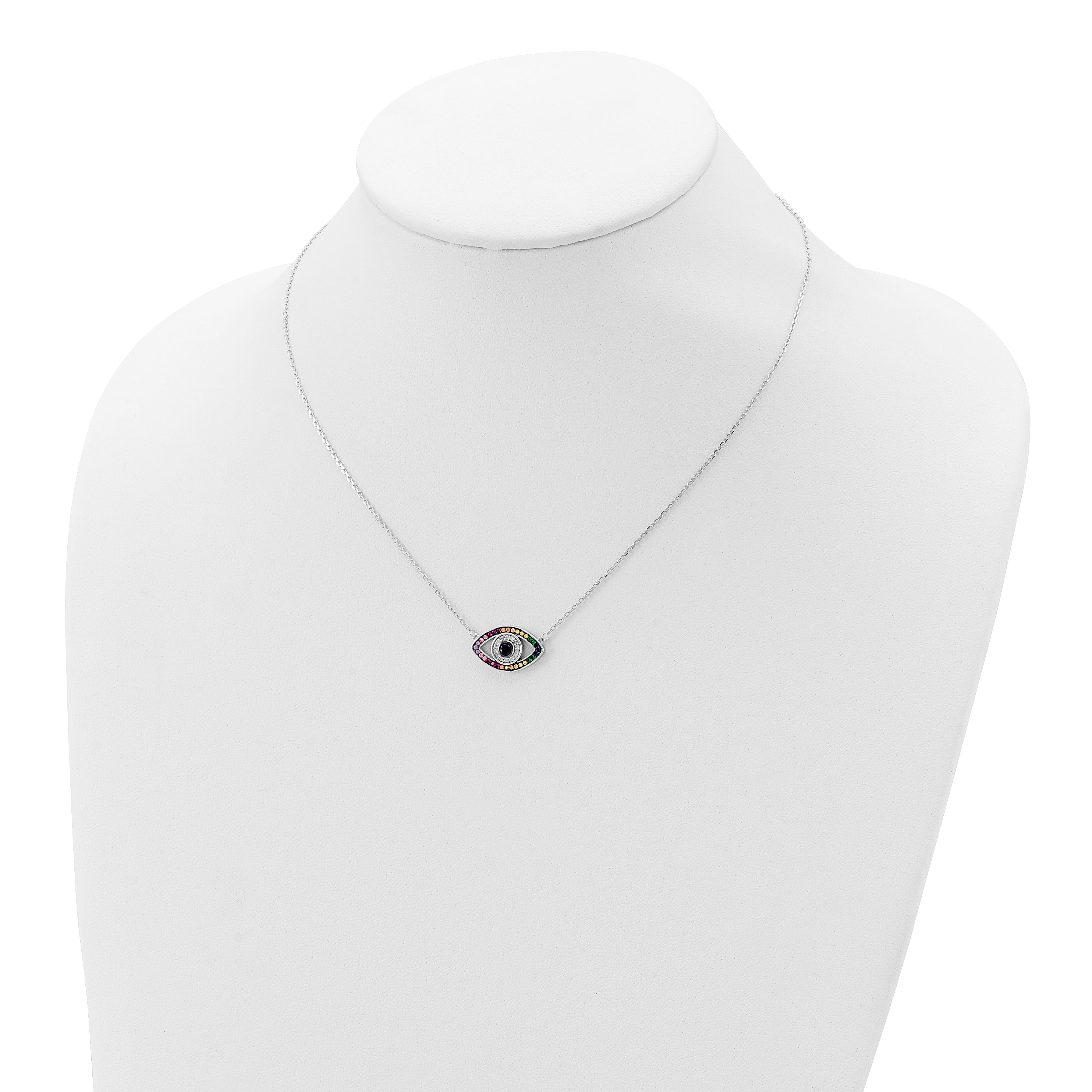 Prizma Sterling Silver Rhodium-plated 16 inch Colorful CZ Evil Eye Necklace with 2 inch Extender