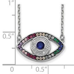 Prizma Sterling Silver Rhodium-plated 16 inch Colorful CZ Evil Eye Necklace with 2 inch Extender