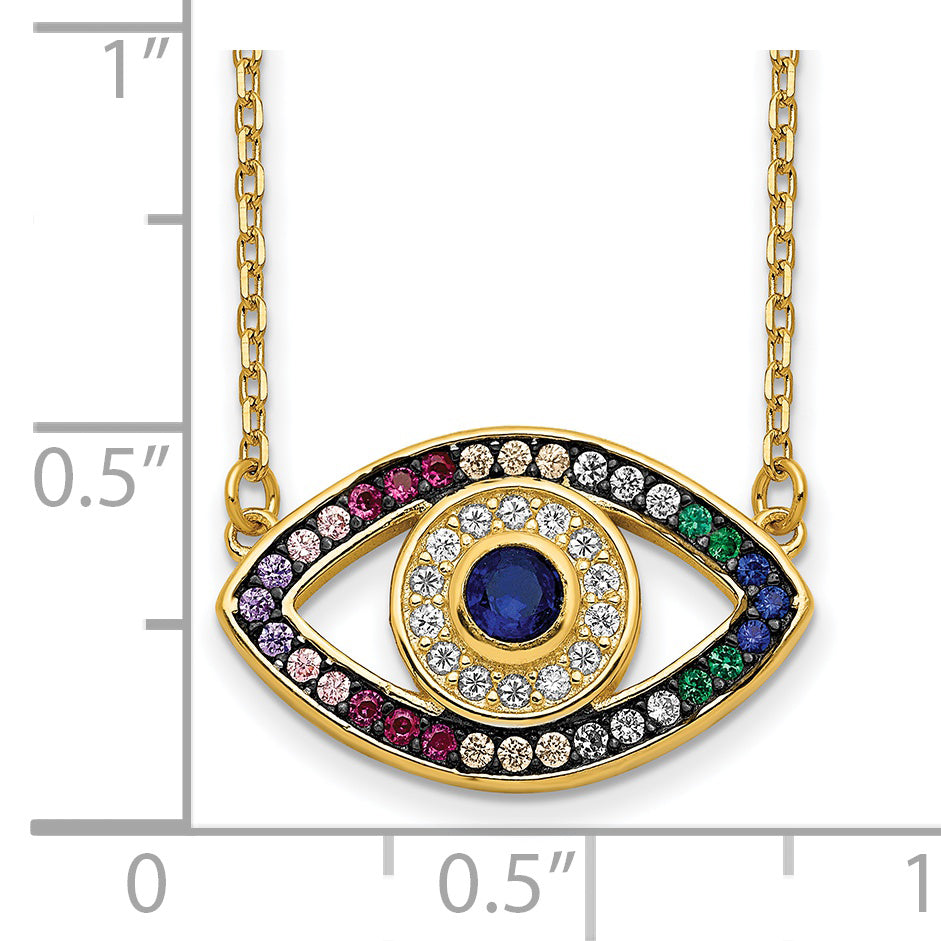 Prizma Sterling Silver Gold-tone 14K Flash Gold-plated 16 inch Colorful CZ Evil Eye Necklace with 2 inch Extender