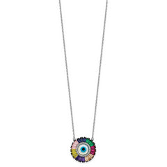 Prizma Sterling Silver Rhodium-plated 16 inch White and Colorful CZ and Glass Evil Eye Necklace with 2 inch Extender