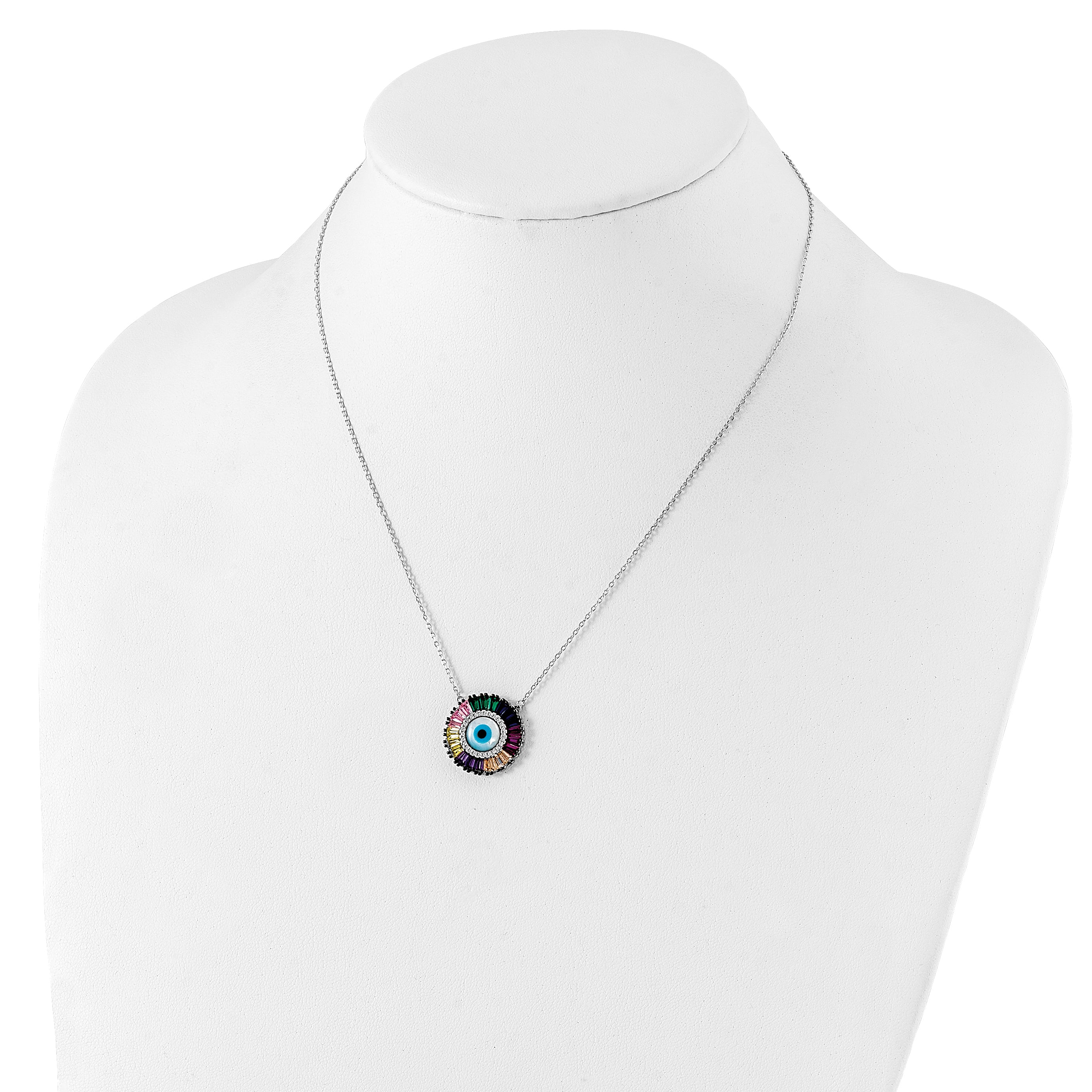 Prizma Sterling Silver Rhodium-plated 16 inch White and Colorful CZ and Glass Evil Eye Necklace with 2 inch Extender