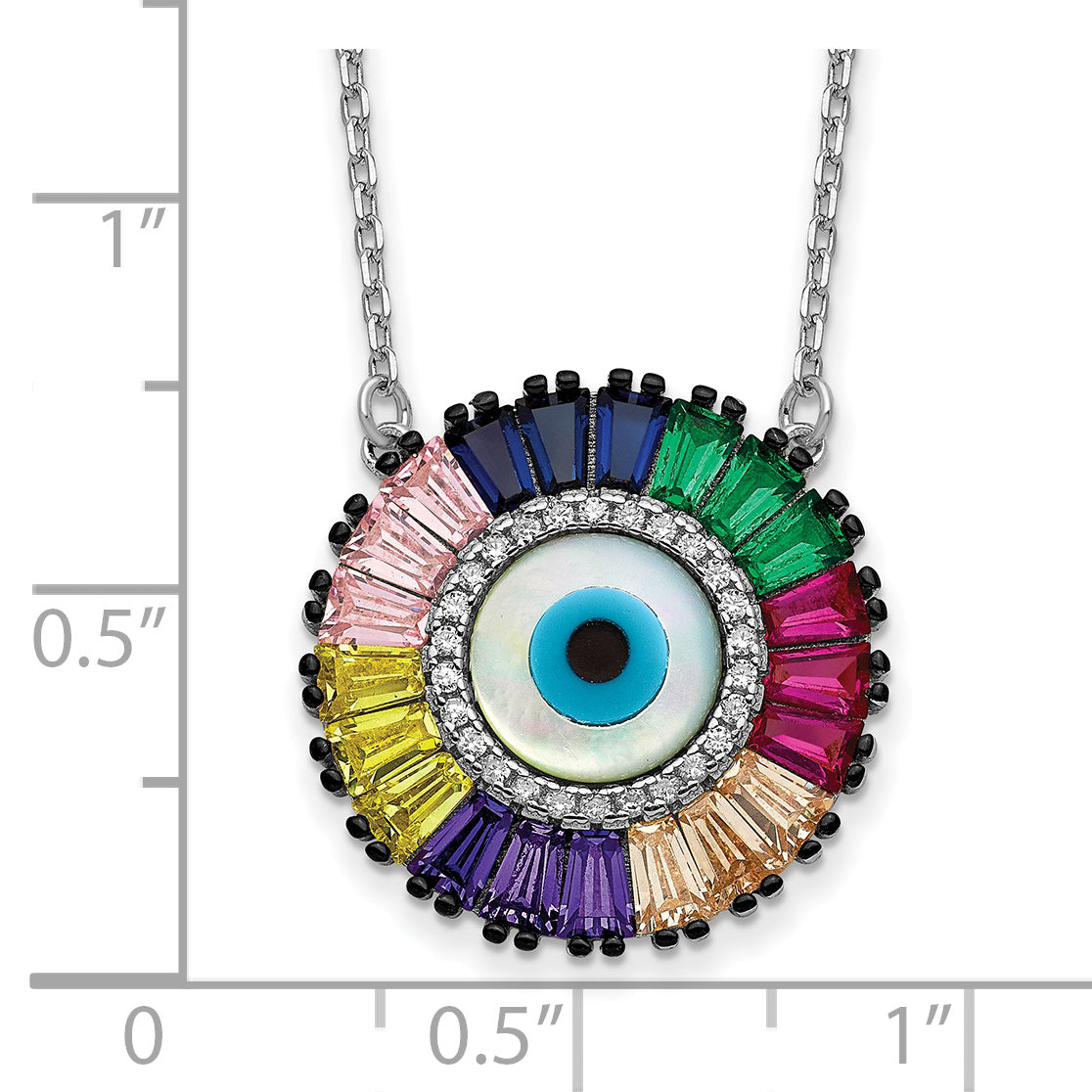 Prizma Sterling Silver Rhodium-plated 16 inch White and Colorful CZ and Glass Evil Eye Necklace with 2 inch Extender