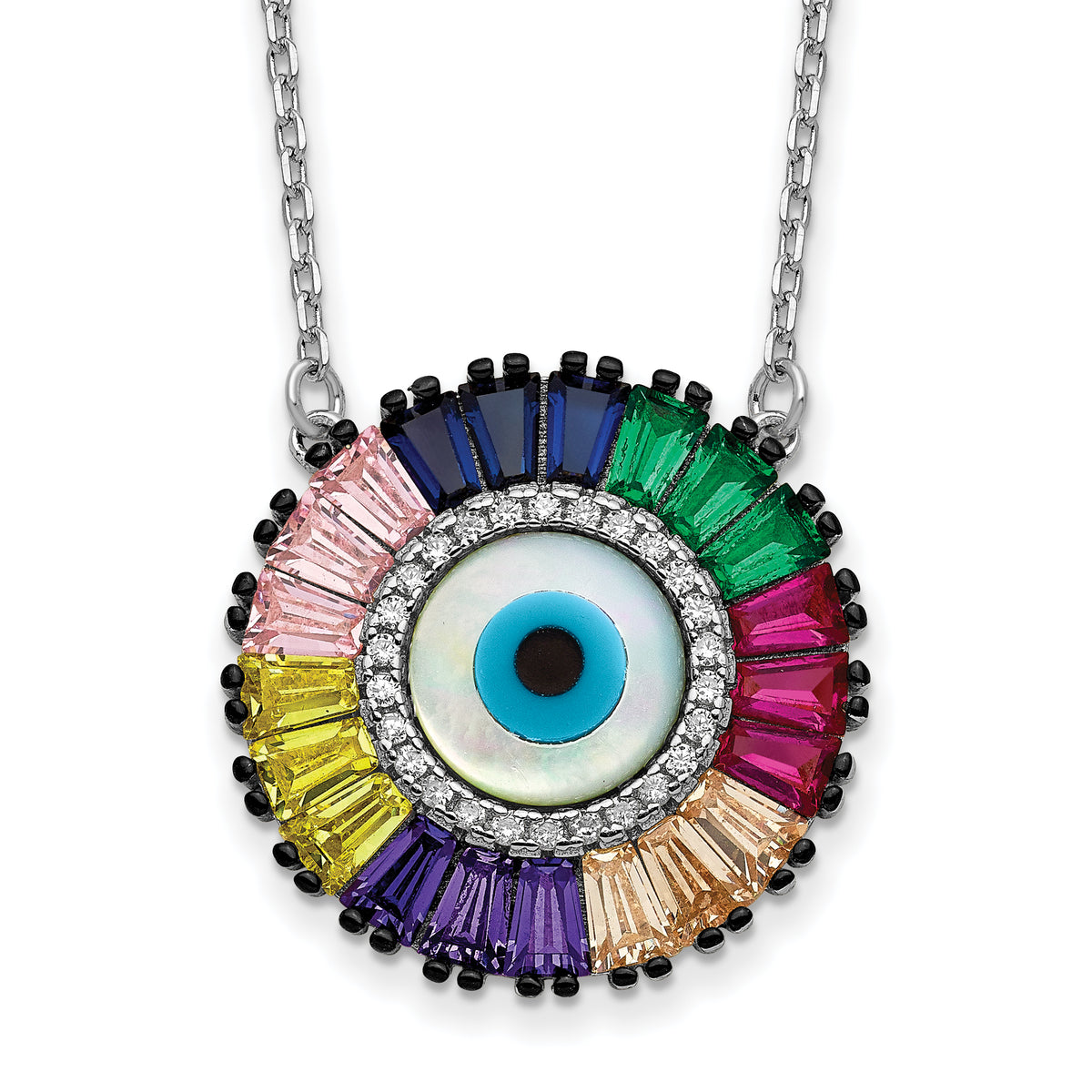 Prizma Sterling Silver Rhodium-plated 16 inch White and Colorful CZ and Glass Evil Eye Necklace with 2 inch Extender