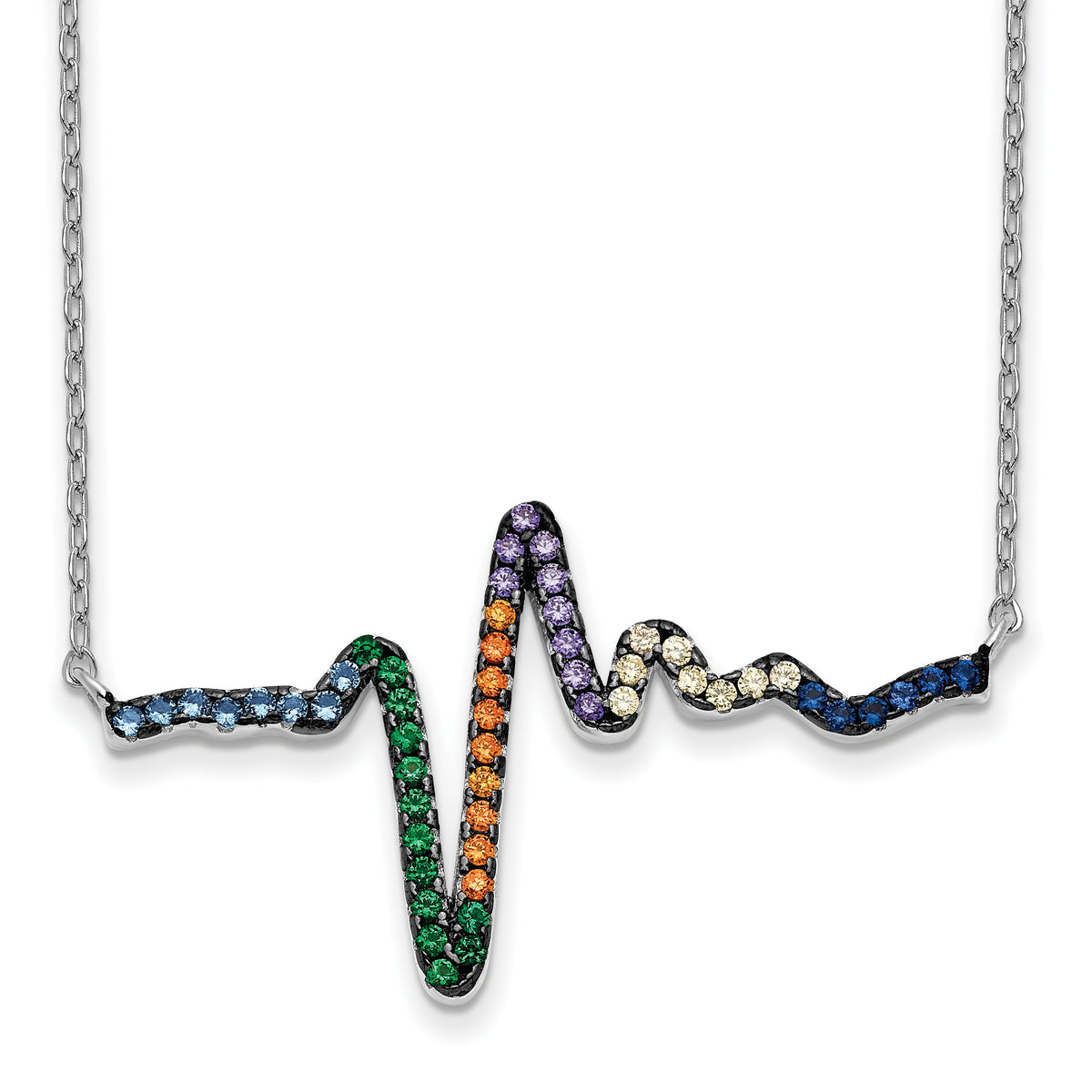 Prizma Sterling Silver Rhodium-plated 18 inch Clasp Colorful CZ Heartbeat Necklace with 1 inch Extender