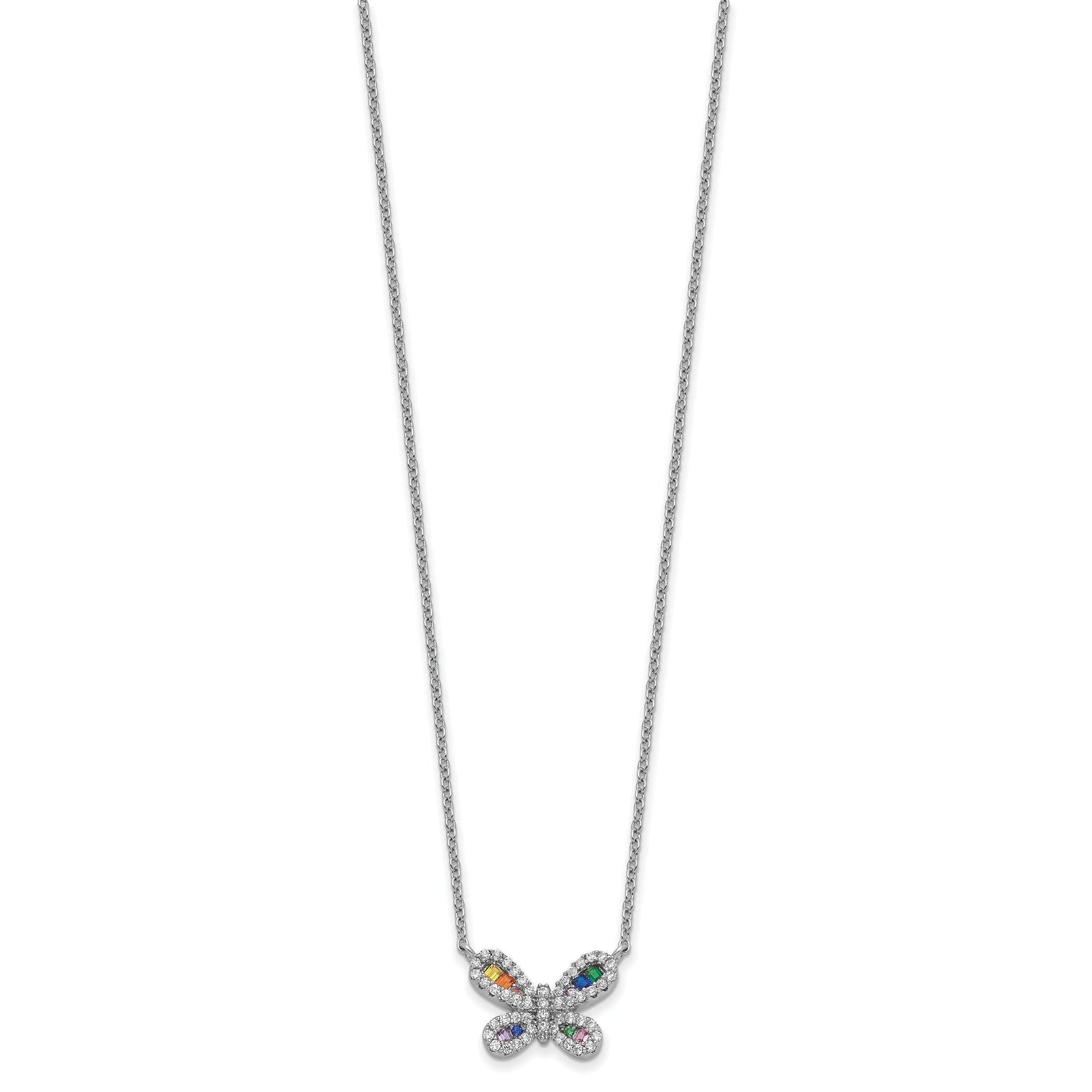 Prizma Sterling Silver Rhodium-plated 16 inch Colorful CZ Butterfly Necklace with 2 inch Extender