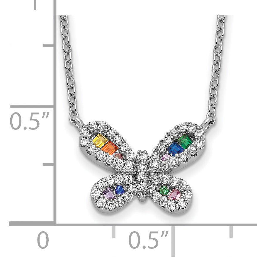 Prizma Sterling Silver Rhodium-plated 16 inch Colorful CZ Butterfly Necklace with 2 inch Extender