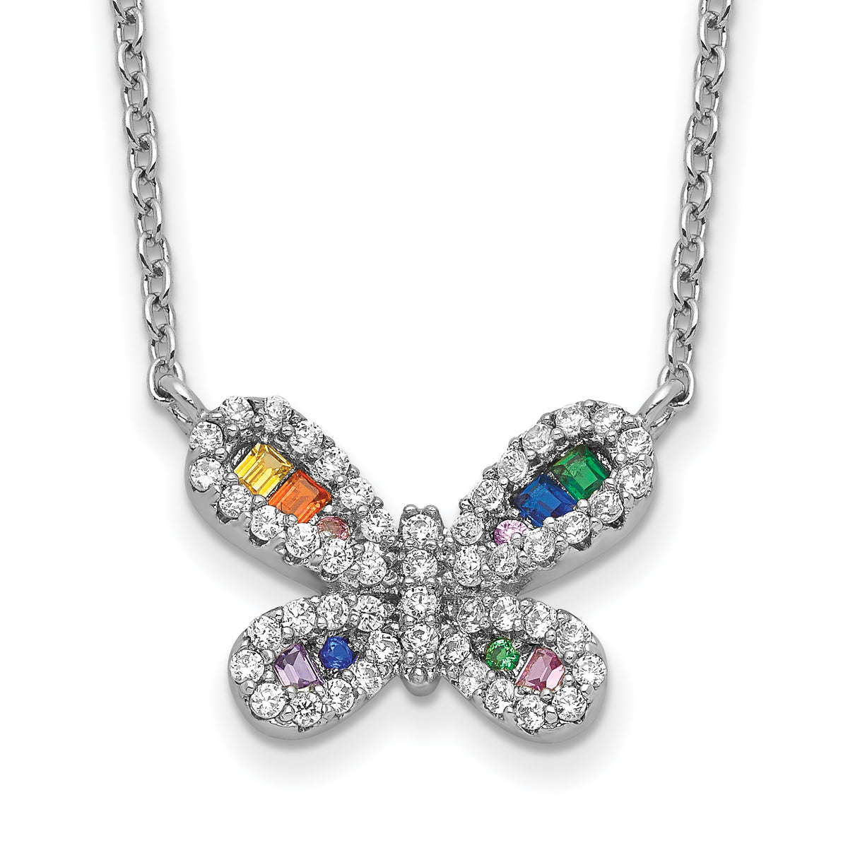 Prizma Sterling Silver Rhodium-plated 16 inch Colorful CZ Butterfly Necklace with 2 inch Extender