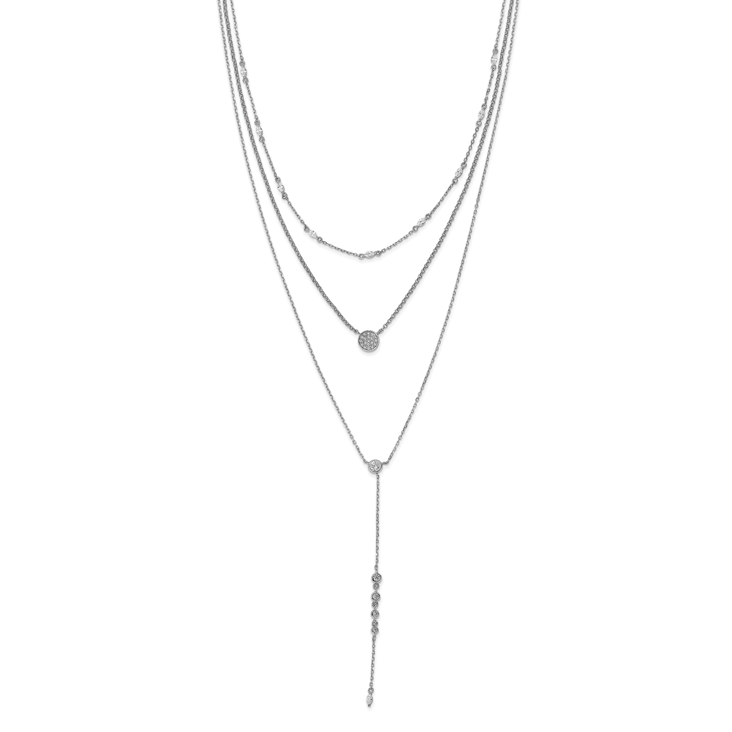 Sterling Shimmer Sterling Silver Rhodium-plated Adjustable up to 28 inches 61 Stone CZ 3 Strand Layer Y-Drop Necklace