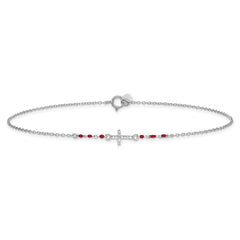 Sterling Silver Rhodium-plated Polished CZ Red Enamel Bead Cross Anklet