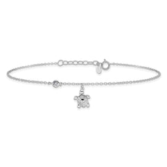 Sterling Silver Rhodium-plated Polished CZ Turtle 9in Plus 1 in Ext. Anklet