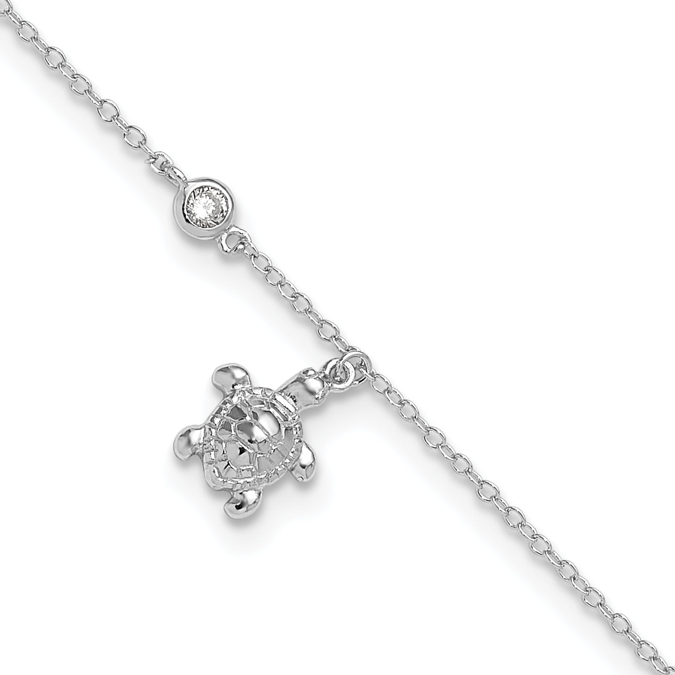 Sterling Silver Rhodium-plated Polished CZ Turtle 9in Plus 1 in Ext. Anklet