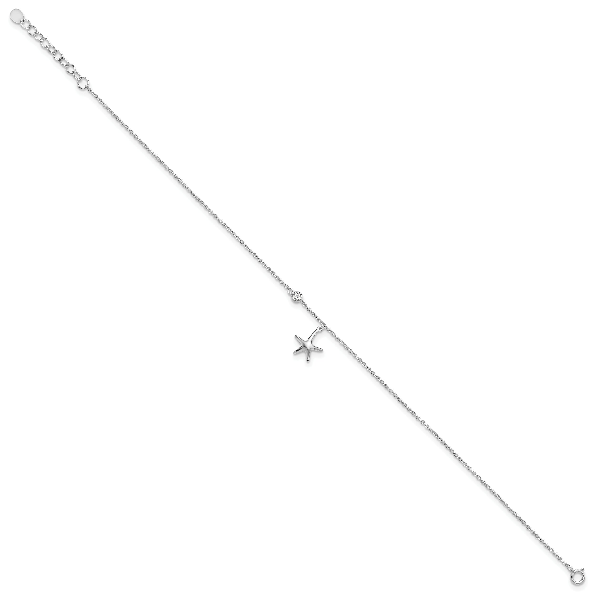 Sterling Silver Rhod-plated Polished CZ Starfish 9in Plus 1 in Ext  Anklet