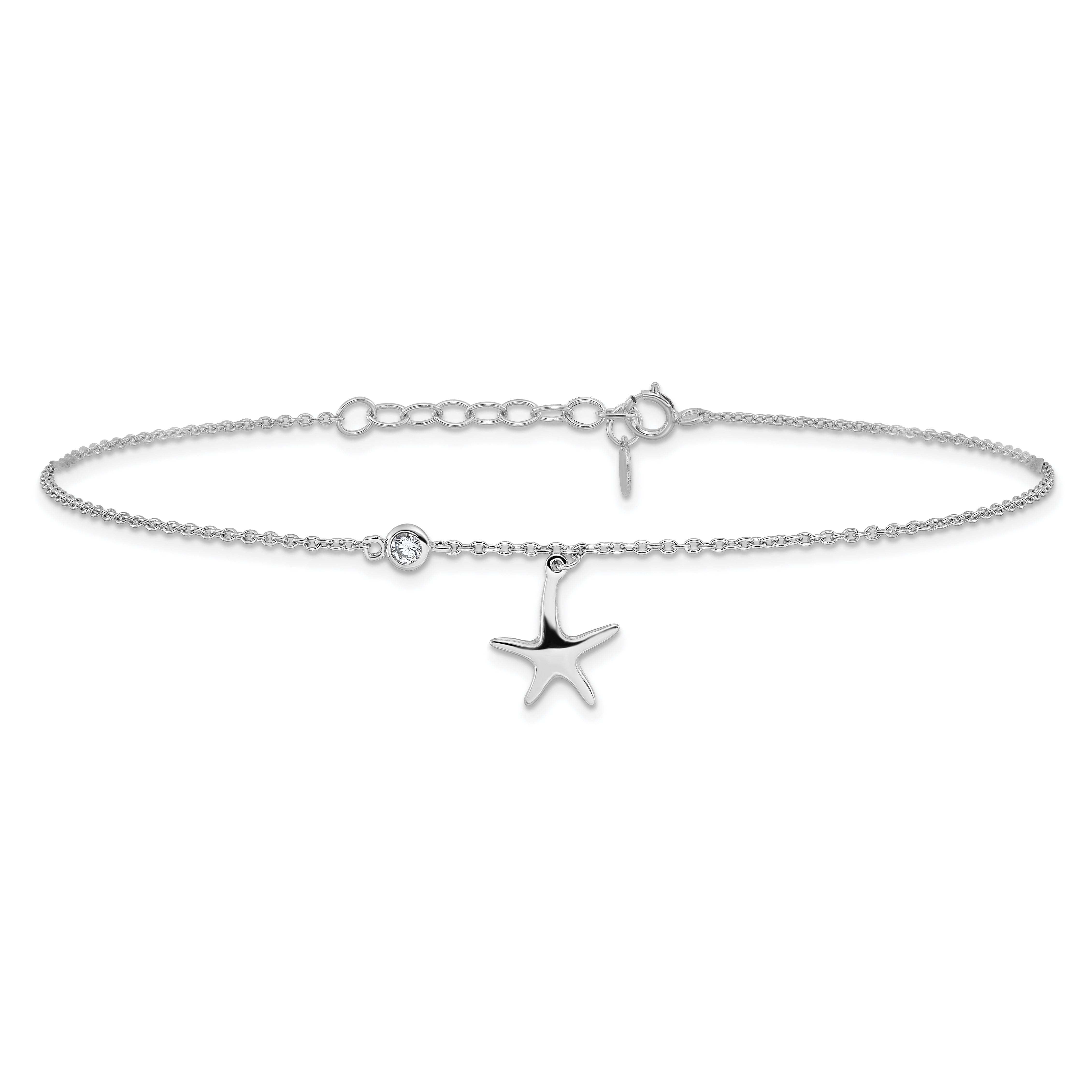 Sterling Silver Rhod-plated Polished CZ Starfish 9in Plus 1 in Ext  Anklet