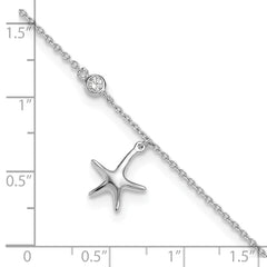 Sterling Silver Rhod-plated Polished CZ Starfish 9in Plus 1 in Ext  Anklet