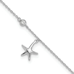 Sterling Silver Rhod-plated Polished CZ Starfish 9in Plus 1 in Ext  Anklet