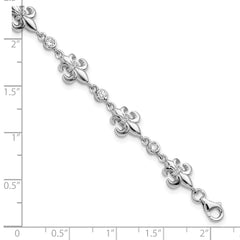 Sterling Silver Rhodium-plated CZ Fleur de Lis w/ 1in ext. Bracelet