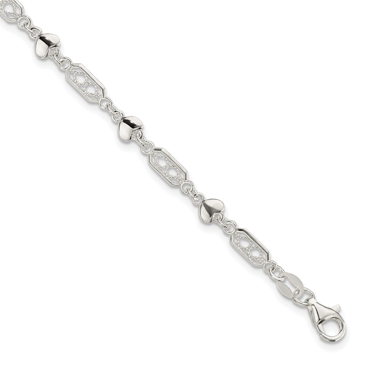 Sterling Silver Fancy Heart Link Bracelet