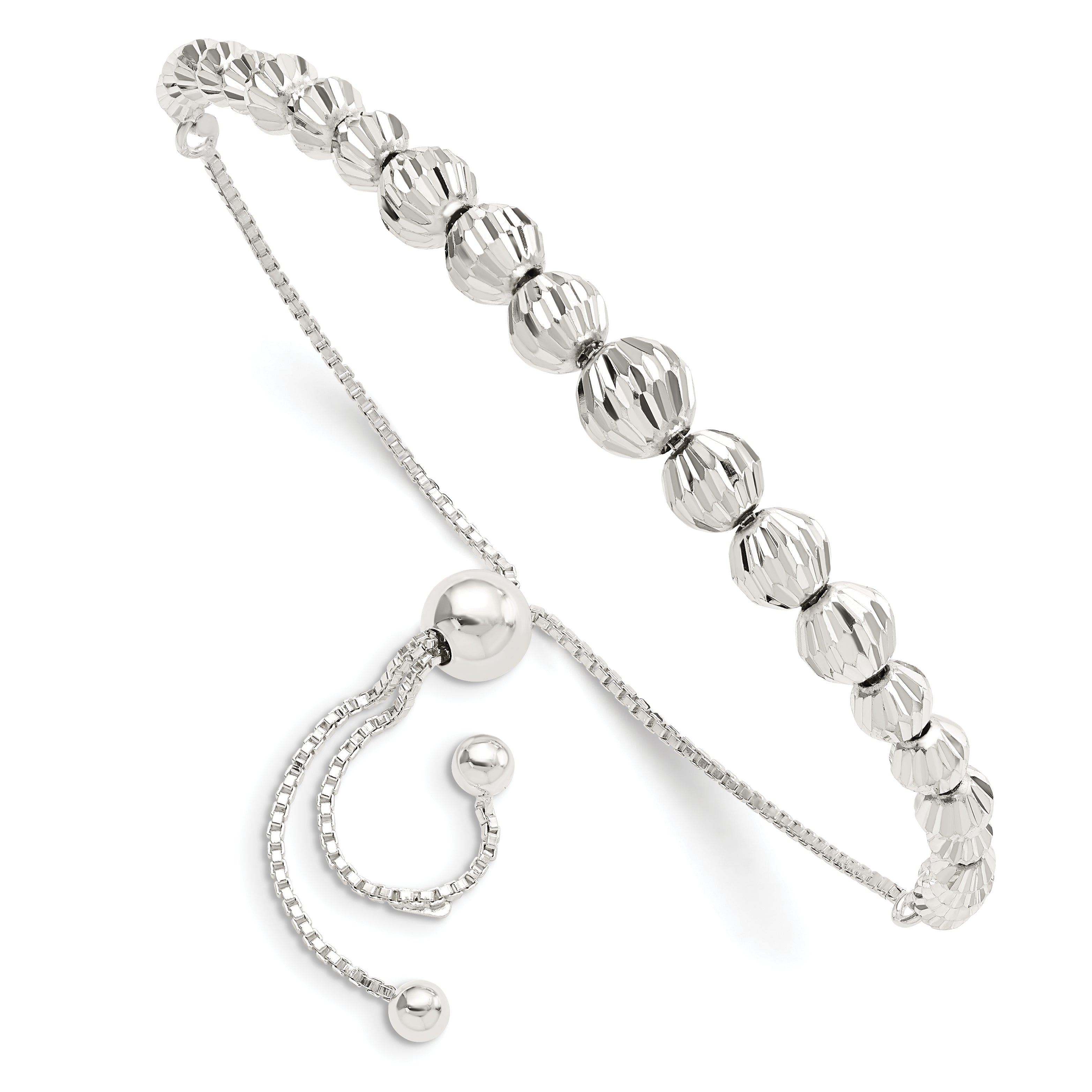 Sterling Silver Polished & D/C Beaded Adjustable Bracelet