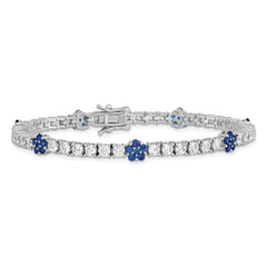 Sterling Silver Rhodium-plated Cr Blue Spinel & CZ Flower 7in Bracelet