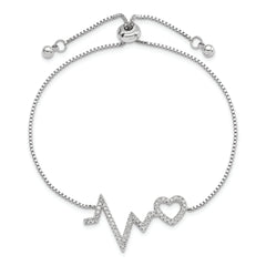 Sterling Silver Polished Rhodium Micro Pav‚ CZ Heartbeat Adj. Bracelet