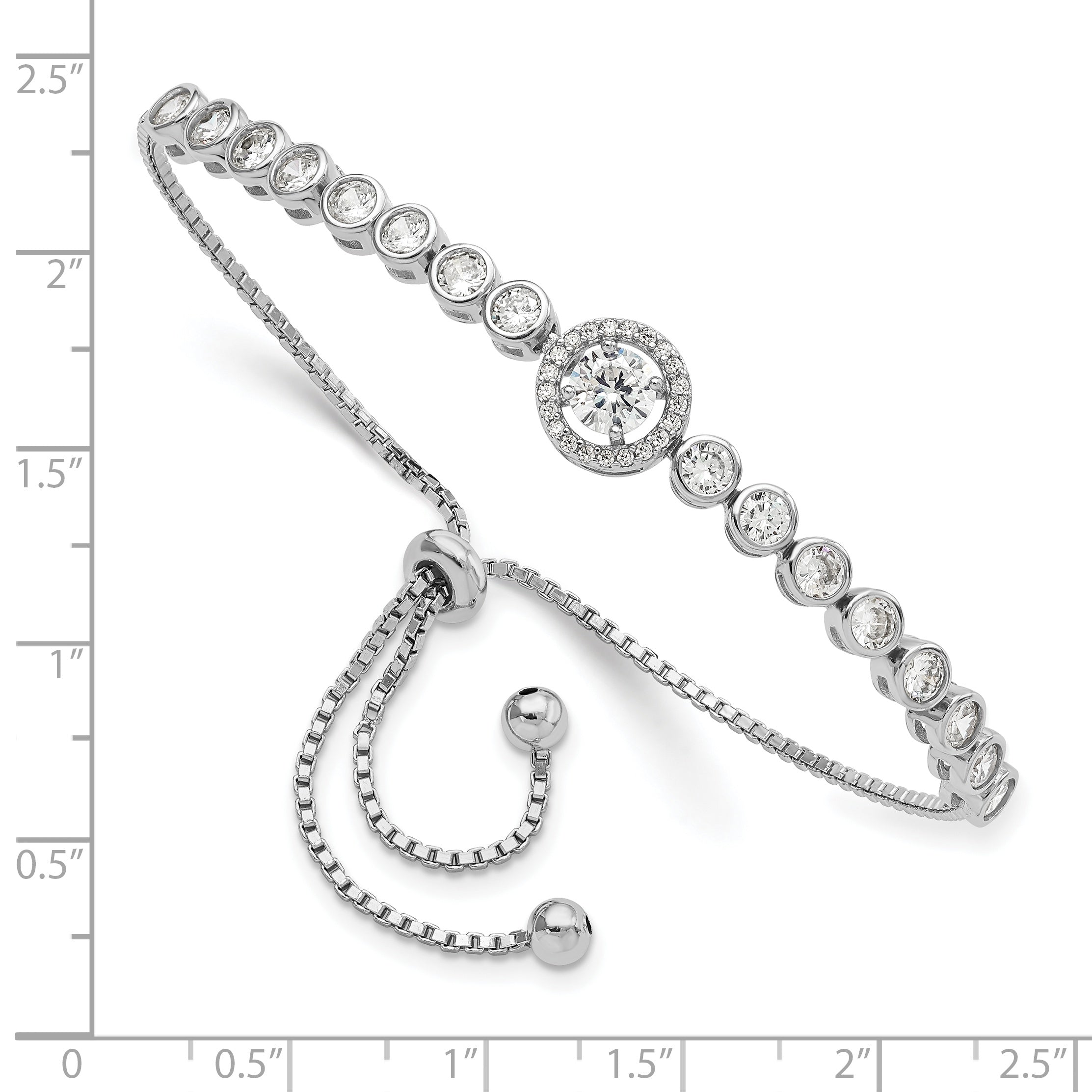 Sterling Silver Rhodium-plated Bezel Set CZ & Halo CZ Adjustable Bracelet