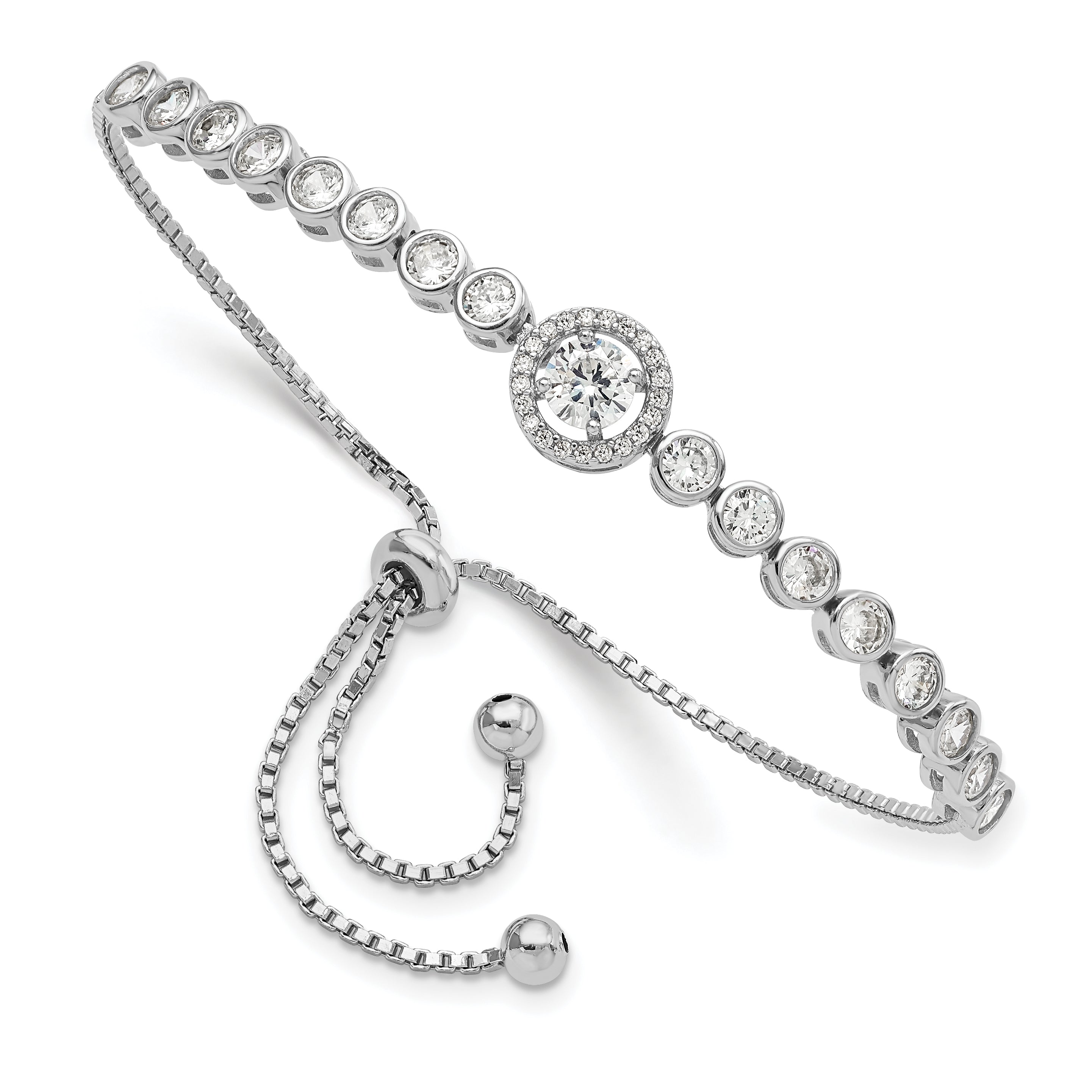 Sterling Silver Rhodium-plated Bezel Set CZ & Halo CZ Adjustable Bracelet