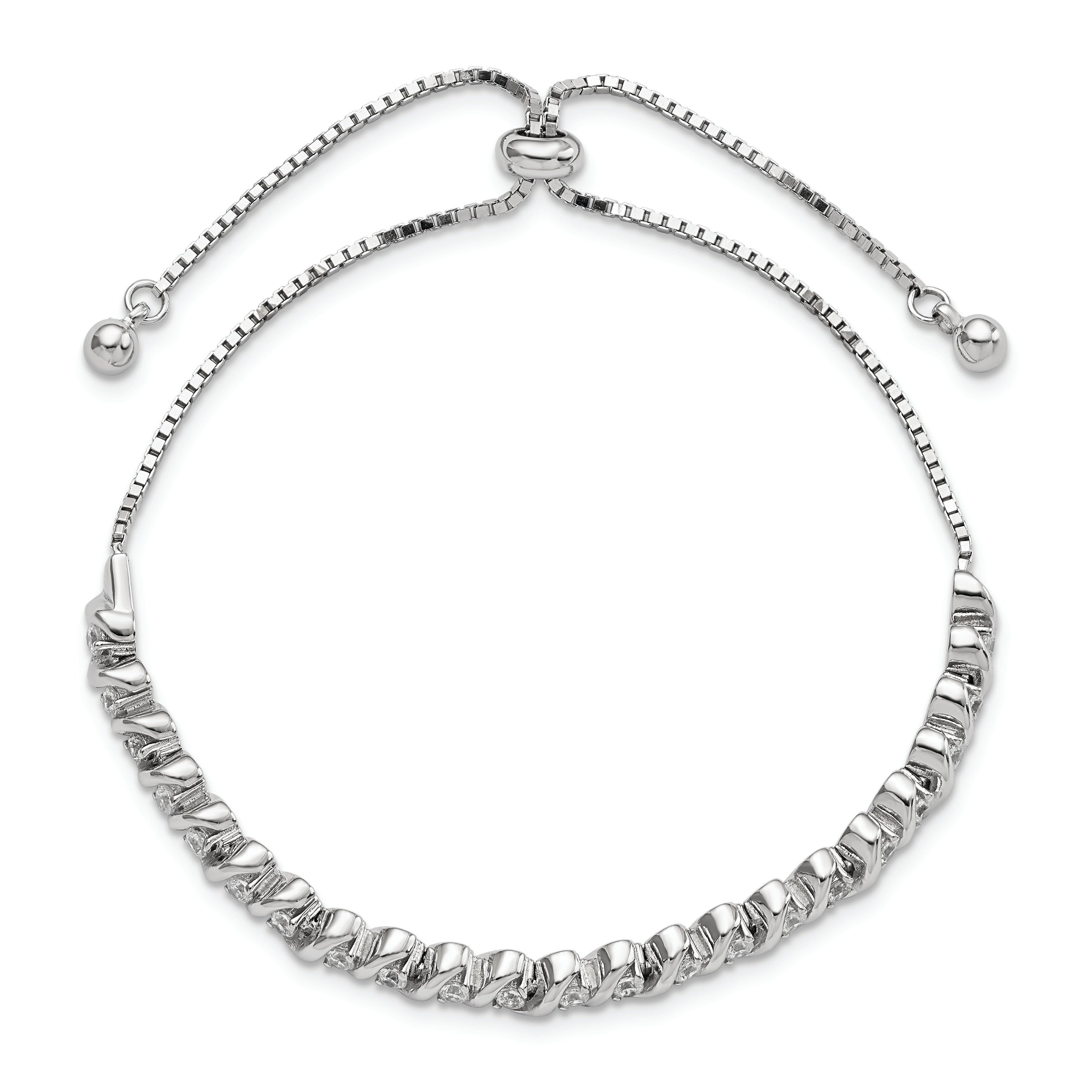 Sterling Silver Polished Rhodium-plated CZ Adjustable Bracelet