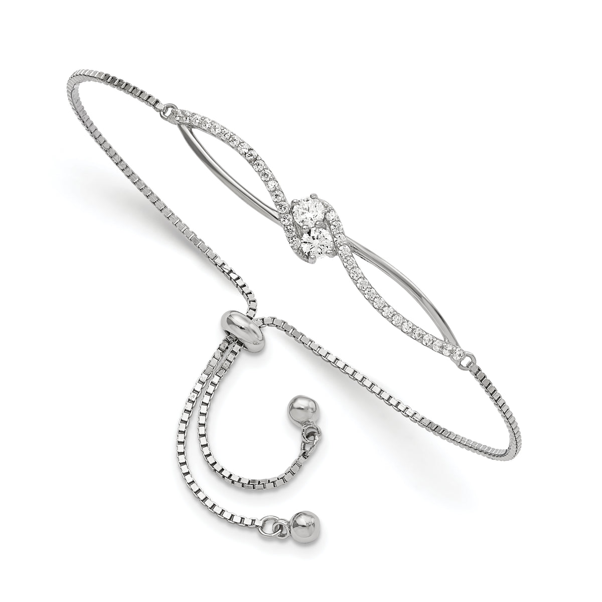 Sterling Silver Polished Rhodium-plated CZ Adjustable Bracelet