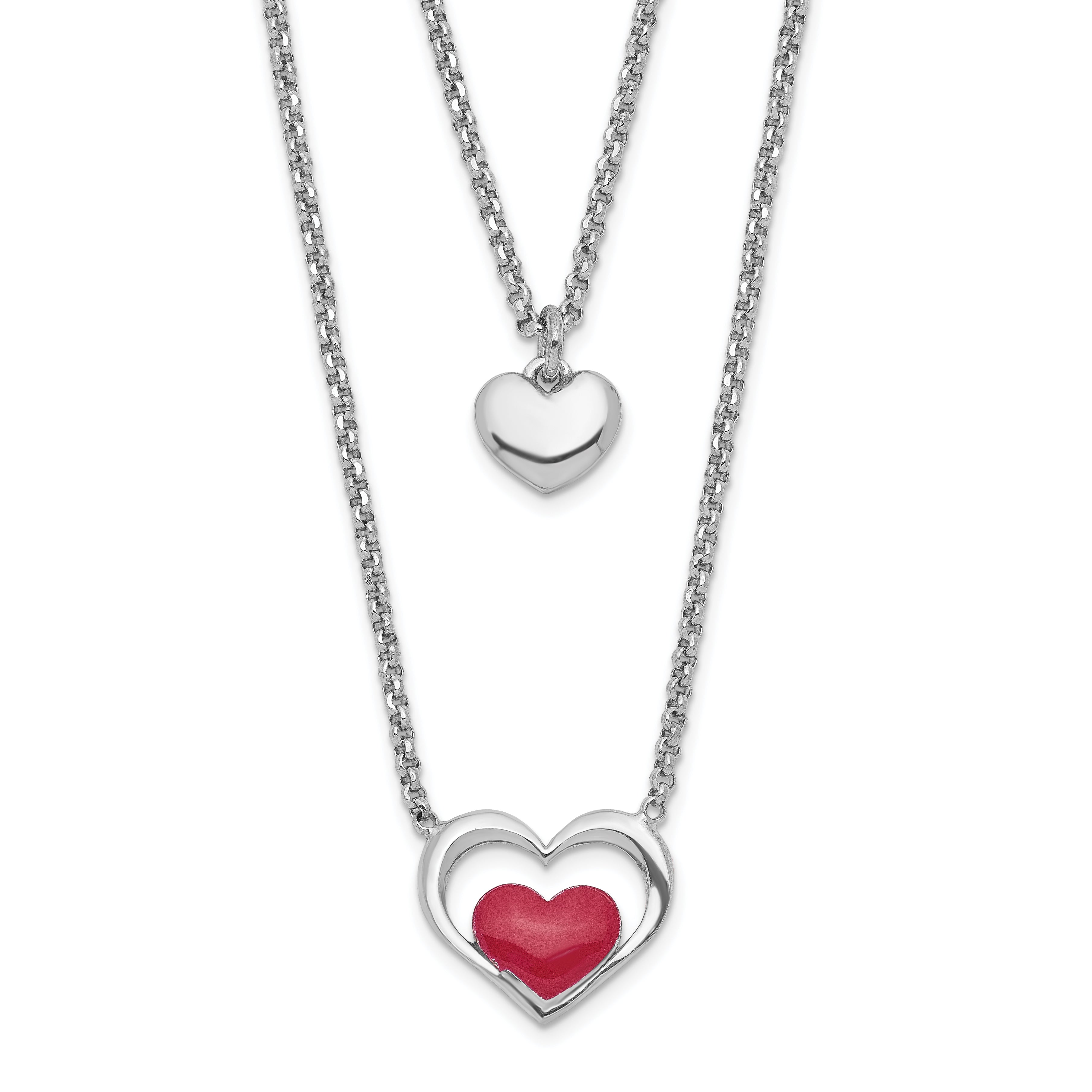 Sterling Silver Rhodium-plate Enamel Heart 2-Strand w/1in Ext Necklace