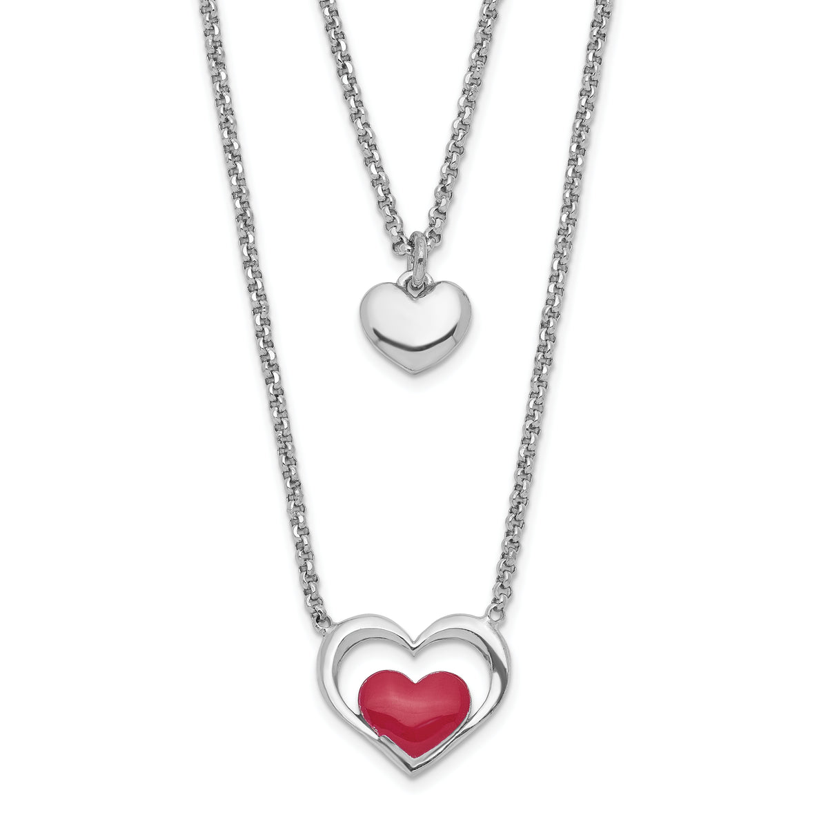 Sterling Silver Rhodium-plate Enamel Heart 2-Strand w/1in Ext Necklace