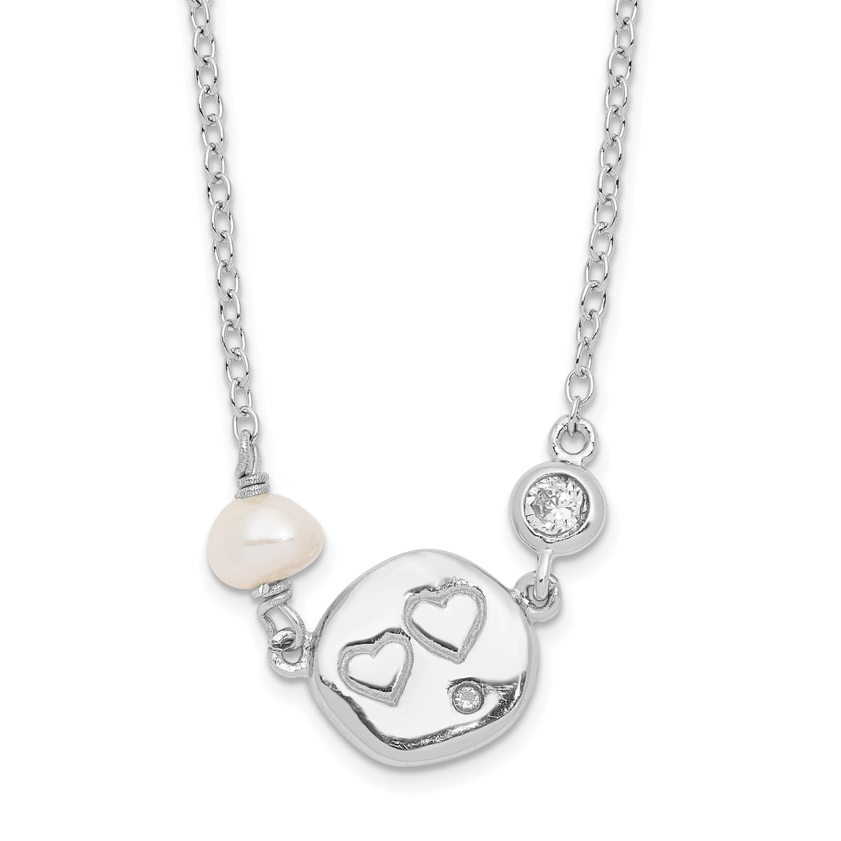 Sterling Silver Rhodium-plated CZ FW Cultured Pearl w/Hearts Necklace