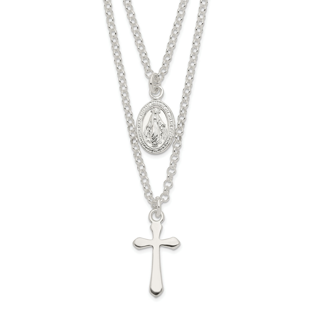 Sterling Silver Polished Medallion & Cross Necklace