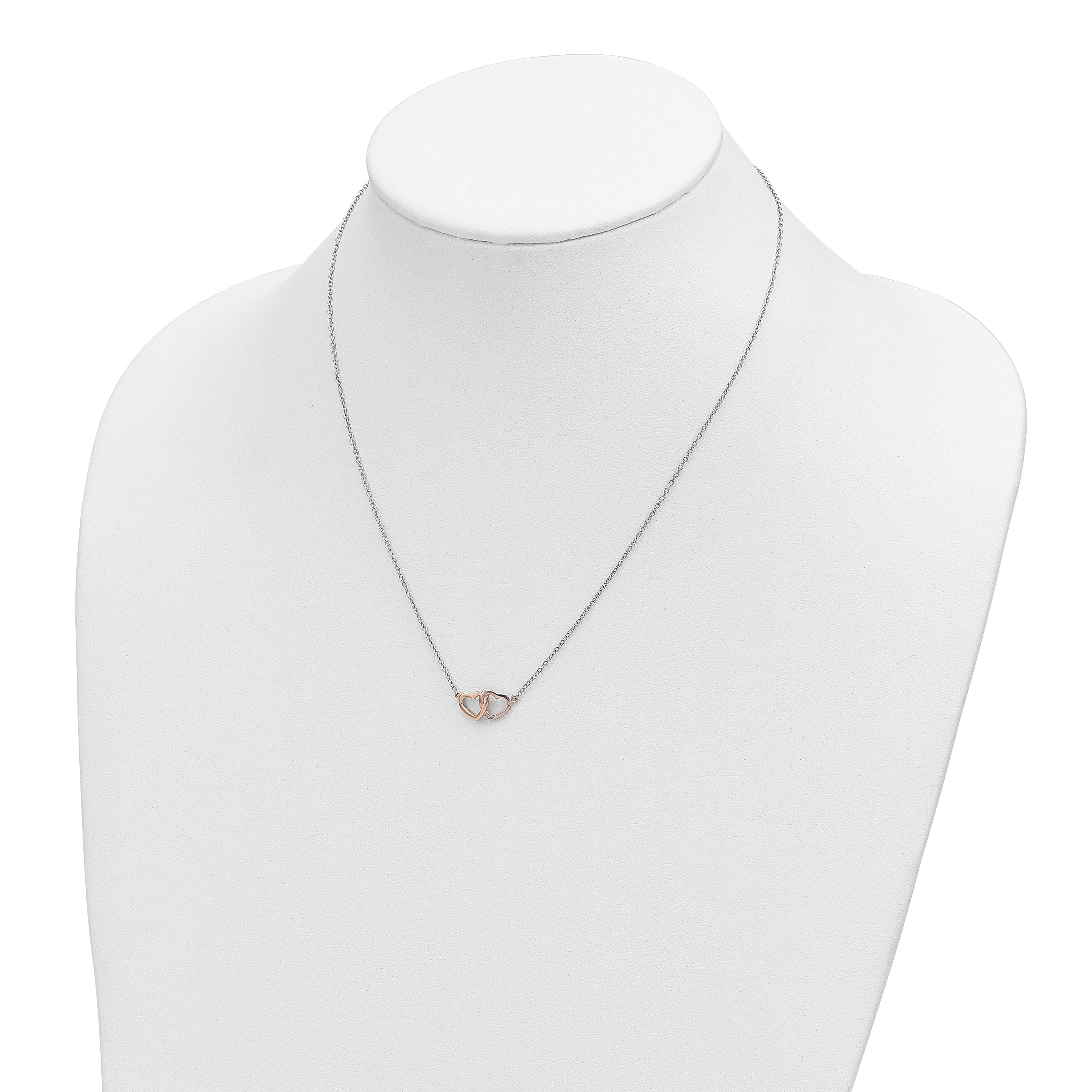 Sterling Silver Rhodium-plated Rose Tone Polished Hearts Necklace