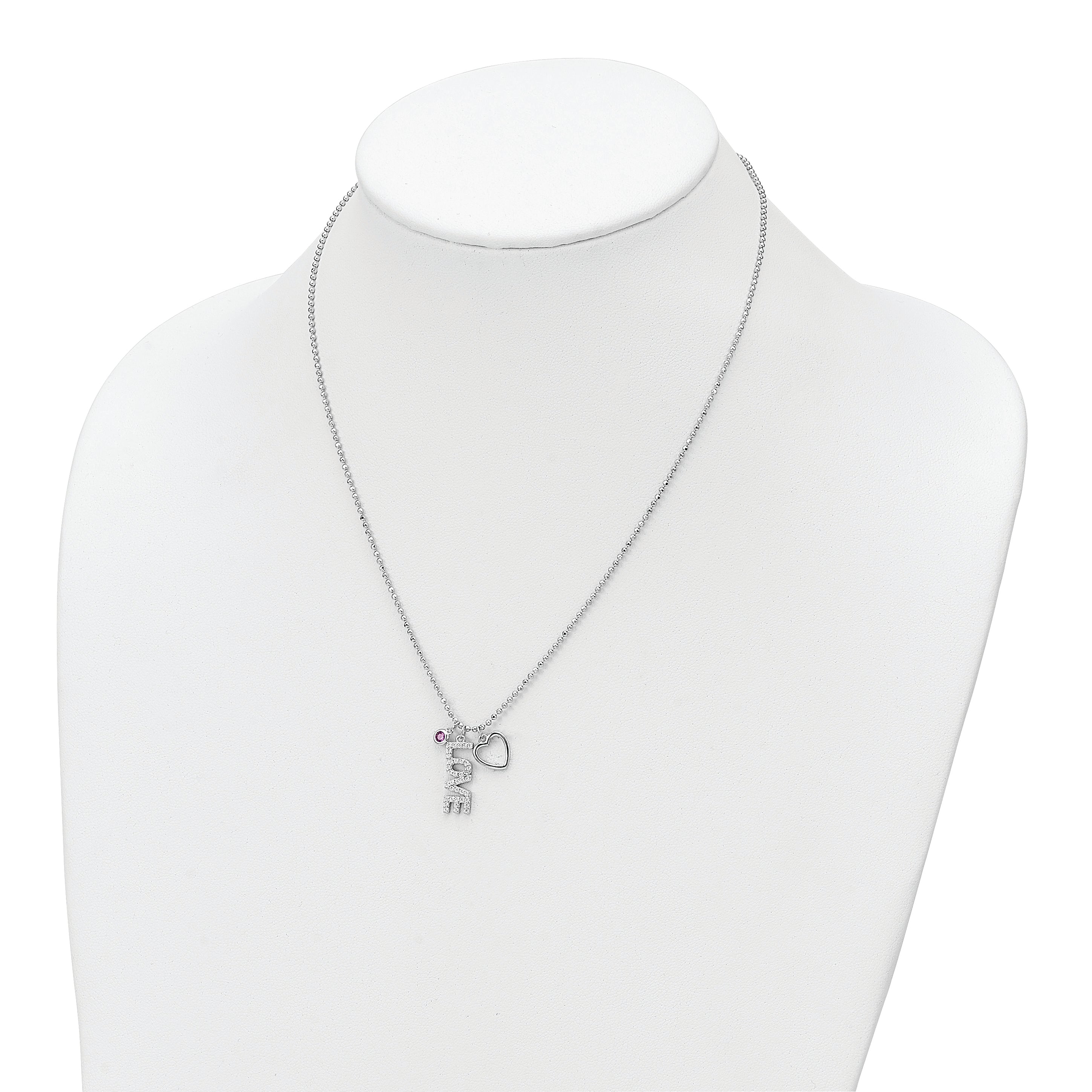 Sterling Silver Rhodium-plated CZ and Heart D/C Bead Chain Necklace