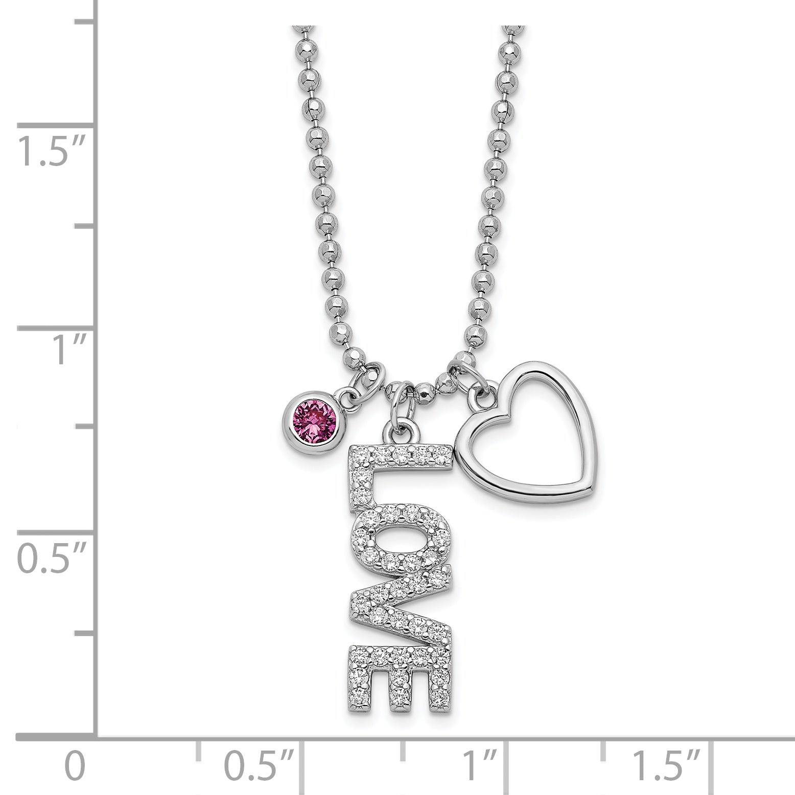 Sterling Silver Rhodium-plated CZ and Heart D/C Bead Chain Necklace