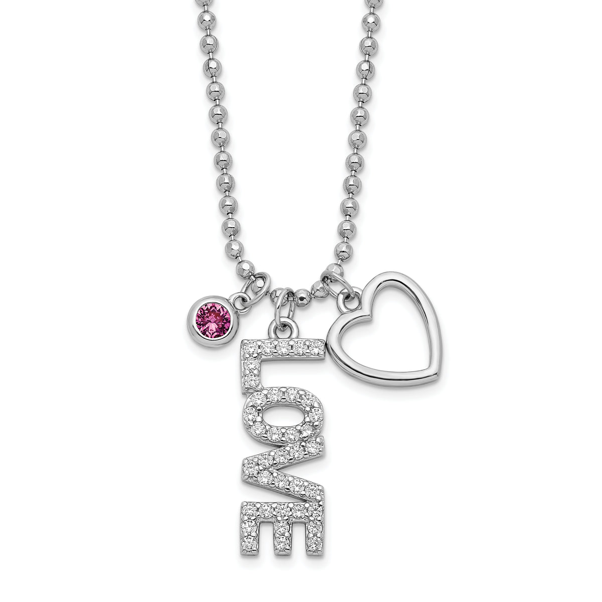 Sterling Silver Rhodium-plated CZ and Heart D/C Bead Chain Necklace