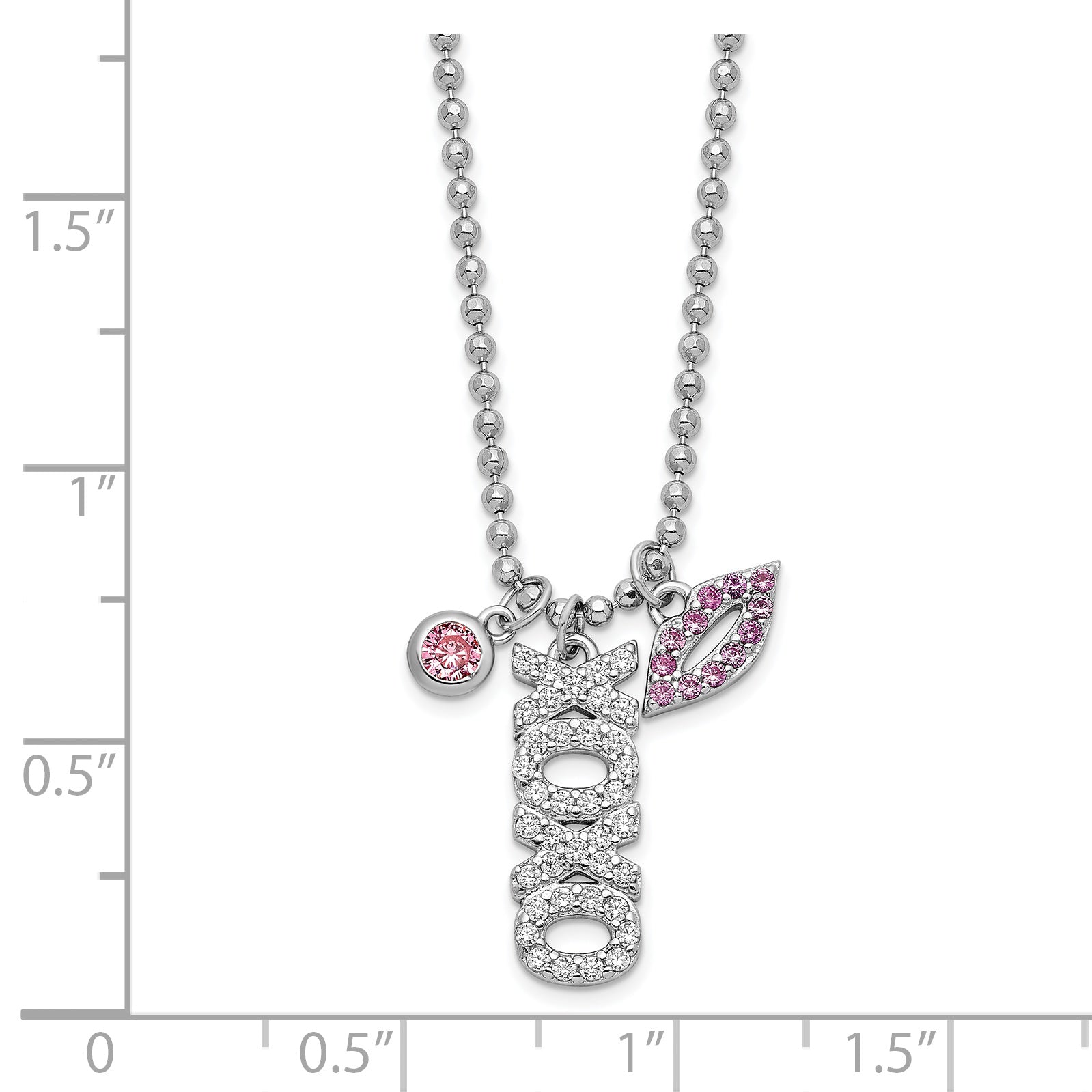 Sterling Silver Rhodium-plated CZ XOXO and Lips D/C Bead Chain Necklace